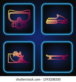 Set line Skateboard, Bicycle on street ramp, Diving mask and Snowmobile. Gradient color icons. Vector