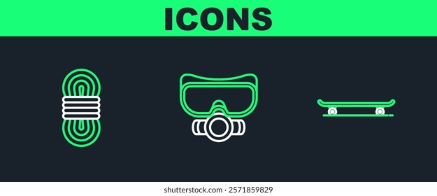 Set line Skateboard, Climber rope and Diving mask icon. Vector