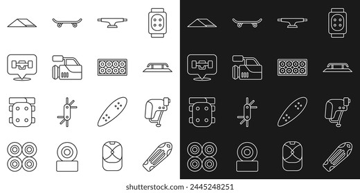 Set line Skateboard deck, helmet, stairs with rail, wheel, Cinema camera, park and  icon. Vector