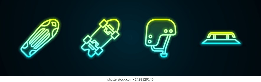 Set line Skateboard deck, Longboard or skateboard, helmet and stairs with rail. Glowing neon icon. Vector