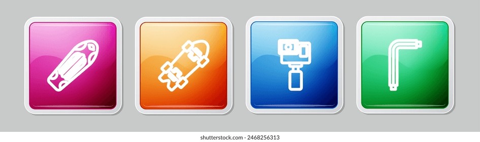 Set line Skateboard deck, Longboard or skateboard, Action camera and Tool allen keys. Colorful square button. Vector