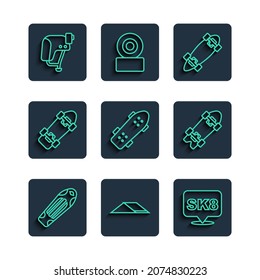 Set line Skateboard deck, park, Longboard or skateboard, helmet and  icon. Vector