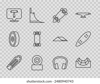 Set line Skateboard deck, park, Longboard or skateboard, wheel, T tool, Headphones and  icon. Vector