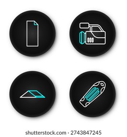 Set line Skateboard deck, park, Cinema camera and Grip tape on skateboard icon. Vector
