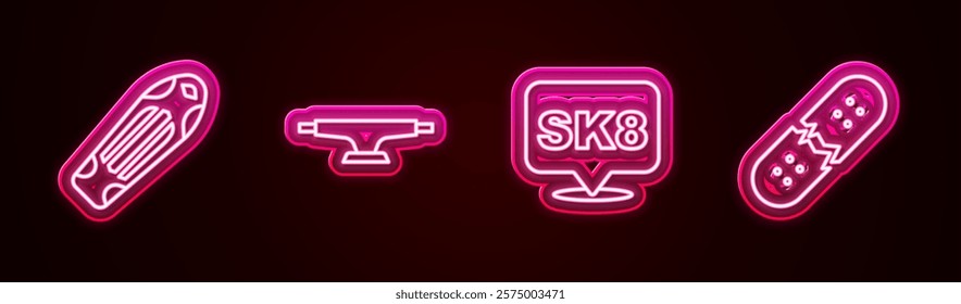 Set line Skateboard deck, wheel,  and Broken skateboard. Glowing neon icon. Vector