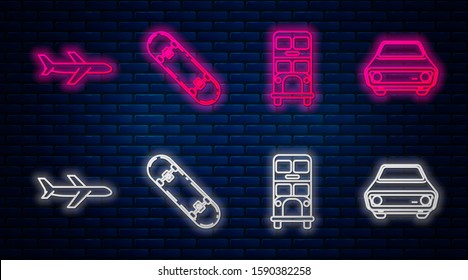 Set line Skateboard, Double decker bus, Plane and Car. Glowing neon icon on brick wall. Vector