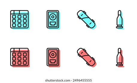 Monopatín de línea, música de la máquina de tambor, marco de premio de disco de CD e icono de bala. Vector