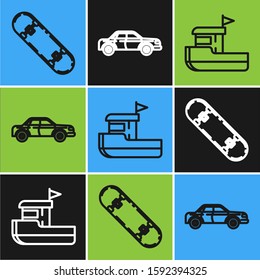 Set line Skateboard, Fishing boat and Sedan car icon. Vector