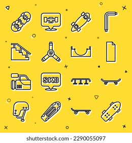 Set line Skateboard, Grip tape on skateboard, Longboard or, Y-tool, stairs with rail, Broken and park icon. Vector