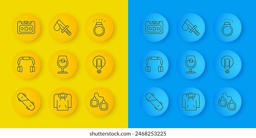 Set line Skateboard, Headphones, Wine glass, Handcuffs, Microphone, Retro audio cassette tape, Diamond ring and Bloody knife icon. Vector