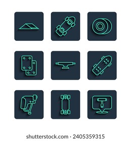 Set line Skateboard helmet, Longboard or skateboard, T tool, wheel, Knee pads, park and  icon. Vector