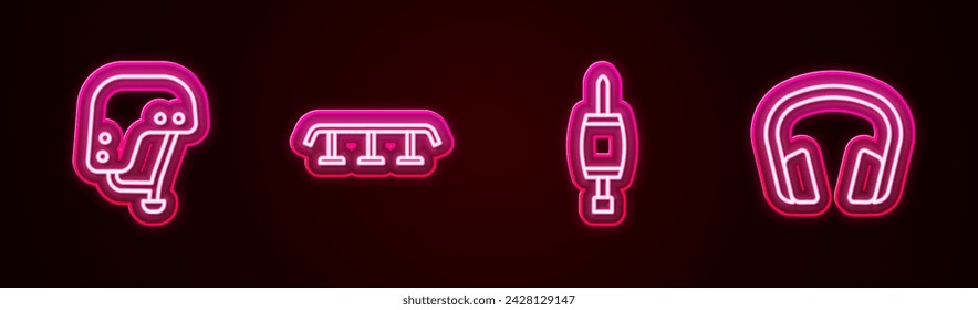 Set line Skateboard helmet, stairs with rail, Screwdriver and Headphones. Glowing neon icon. Vector