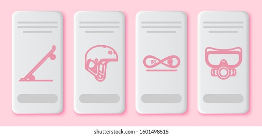 Set line Skateboard, Helmet, Skateboard trick and Diving mask. White rectangle button. Vector