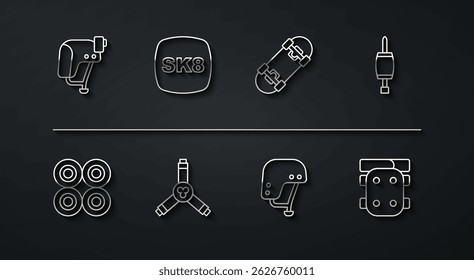 Set line Skateboard helmet, wheel, Screwdriver, Y-tool, Knee pads and  icon. Vector