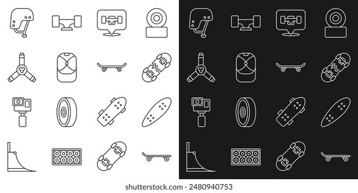 Set line Skateboard, Longboard oder Skateboard, Gebrochen, Rad, Baseballkappe, Y-Werkzeug, Helm und Icon. Vektorgrafik