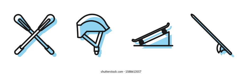 Set line Skateboard on street ramp, Crossed paddle, Bicycle helmet and Surfboard icon. Vector