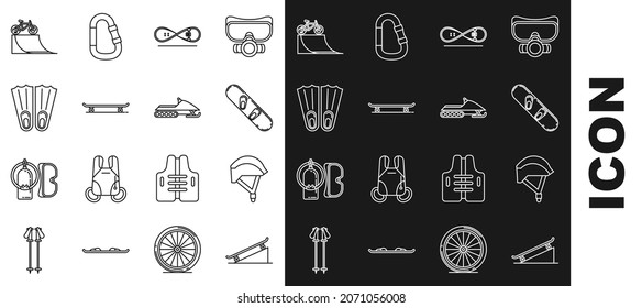 Set line Skateboard on street ramp, Bicycle helmet, Snowboard, trick, Rubber flippers for swimming,  and Snowmobile icon. Vector