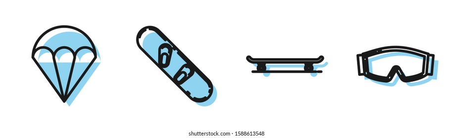 Set line Skateboard, Parachute, Snowboard and Ski goggles icon. Vector