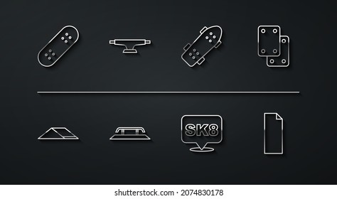Set line Skateboard, park, Knee pads, stairs with rail, wheel, Grip tape on skateboard and  icon. Vector