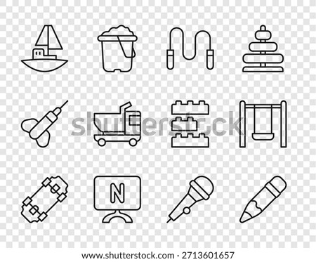 Set line Skateboard, Pencil with eraser, Jump rope, Smart Tv, Toy boat, truck, Microphone and Swing icon. Vector