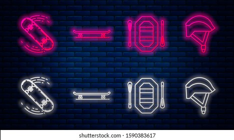 Set line Skateboard, Rafting boat, Skateboard trick and Bicycle helmet. Glowing neon icon on brick wall. Vector