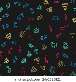 Set line Skateboard, Roller skate, Pyramid toy and Microphone on seamless pattern. Vector