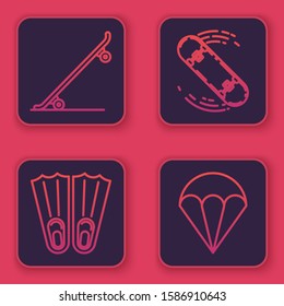 Set line Skateboard, Rubber flippers for swimming, Skateboard trick and Parachute. Blue square button. Vector
