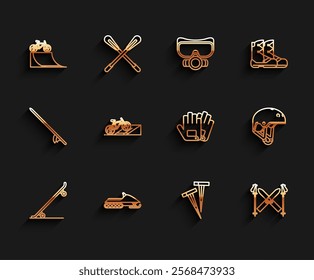 Set line Skateboard, Snowmobile, Bicycle on street ramp, Pegs for tents, Ski and sticks, Helmet and Gloves icon. Vector