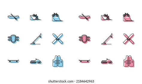 Set Line Skateboard, Snowmobile, Rafting Boat, Life Jacket, Ski And Sticks, Knee Pads And Bicycle On Street Ramp Icon. Vector