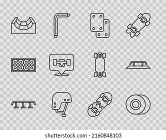 Set line Skateboard stairs with rail, wheel, Knee pads, helmet, park, Broken skateboard and  icon. Vector