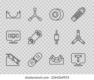 Skateboard-Treppen mit Schiene, T-Werkzeug, Rad, gebrochenem Skateboarddeck, Park, Langboard oder, und Y-Tool-Symbol. Vektorgrafik