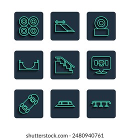 Set line Skateboard, stairs with rail, wheel, park,  and  icon. Vector