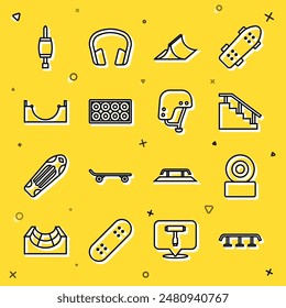 Set line Skateboard stairs with rail, wheel, park, Screwdriver and helmet icon. Vector