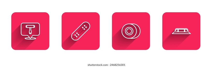 Set line Skateboard T tool, , wheel and stairs with rail with long shadow. Red square button. Vector