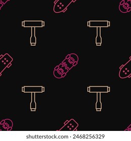 Fija la línea Skateboard, la herramienta T y el skateboard roto en un patrón sin fisuras. Vector