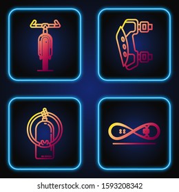 Set line Skateboard trick, Aqualung, Bicycle and Knee pads. Gradient color icons. Vector
