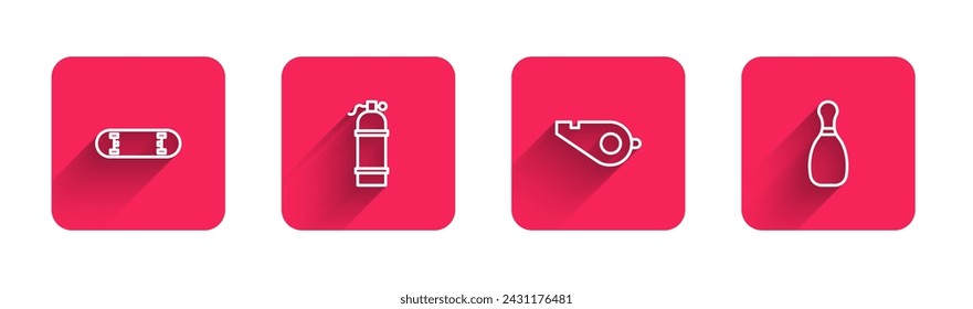 Set line Skateboard trick, Aqualung, Whistle and Bowling pin with long shadow. Red square button. Vector