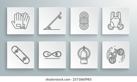 Set line Skateboard trick, Aqualung, Bicycle, Climber rope, Parachute and Gloves icon. Vector