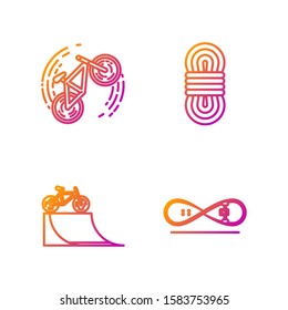 Set line Skateboard trick, Bicycle on street ramp, Bicycle trick and Climber rope. Gradient color icons. Vector