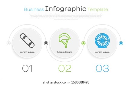 Set line Skateboard trick, Bicycle helmet and Bicycle wheel. Business infographic template. Vector