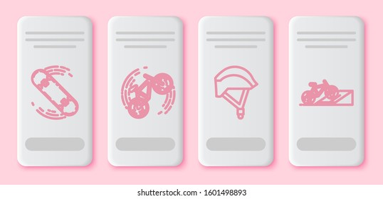 Set line Skateboard trick, Bicycle trick, Bicycle helmet and Bicycle on street ramp. White rectangle button. Vector
