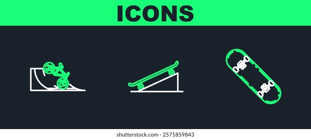 Set line Skateboard trick, Bicycle on street ramp and  icon. Vector