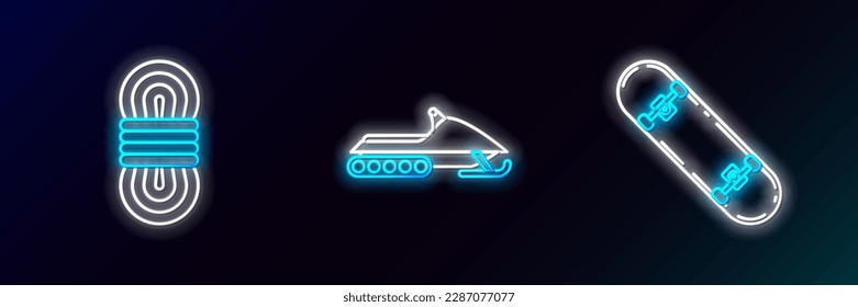 Set line Skateboard trick, Climber rope and Snowmobile icon. Glowing neon. Vector