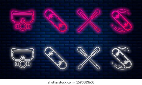 Set line Skateboard trick, Crossed paddle, Diving mask and Skateboard trick. Glowing neon icon on brick wall. Vector