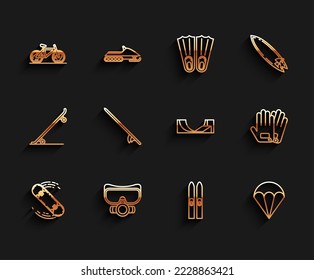 Set line Skateboard trick, Diving mask, Bicycle, Ski and sticks, Parachute, Surfboard, Gloves and park icon. Vector