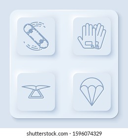 Set line Skateboard trick, Gloves, Hang glider and Parachute. White square button. Vector