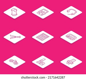 Set line Skateboard trick, Headphones, Electric bass guitar, Calculator, Pager, Gamepad and Lipstick icon. Vector
