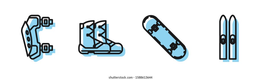 Set line Skateboard trick, Knee pads, Boots and Ski and sticks icon. Vector