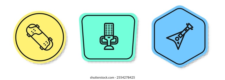 Set line Skateboard trick, Microphone and Electric bass guitar. Colored shapes. Vector