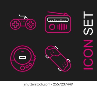 Set line Skateboard trick, Music CD player, Radio with antenna and Gamepad icon. Vector